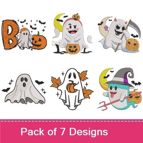 Halloween Ghosts Embroidery Designs Bundle – Ghost with Pumpkin, Ghost with Witch Hat, Happy Ghost & More (7 Designs)