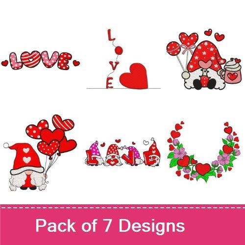 Valentine's Day Embroidery Designs Bundle – LOVE with Stripes, Heart Balloons, Santa with Hearts & More (7 Designs)