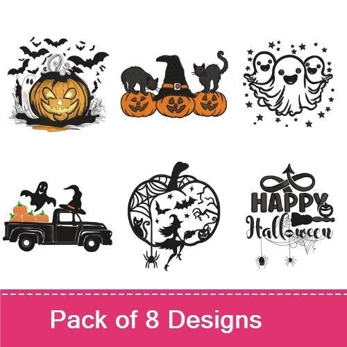 Spooky Halloween Embroidery Designs Bundle – Jack-o'-Lantern, Halloween Ghosts, Black Cats & More (8 Designs)