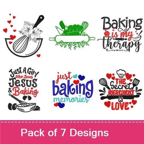 Baking Love Embroidery Designs Bundle – Baked with Love, Baking is my Therapy, Whisk and Hearts & More (7 Designs)