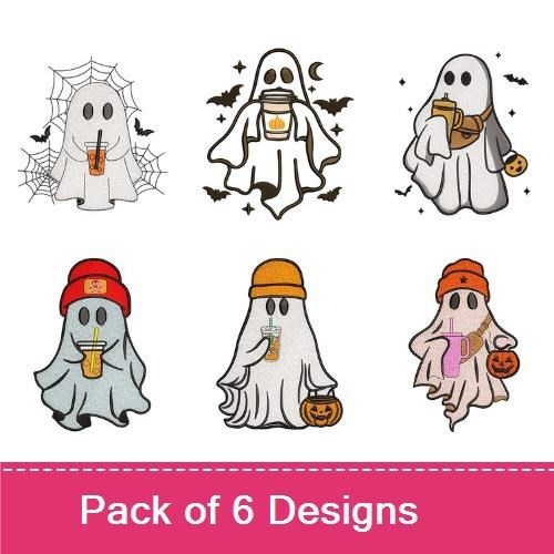Cute Ghosts with Drinks Embroidery Designs Bundle – Ghost with Orange Drink, Ghost with Coffee, Ghost with Halloween Hat & More (6 Designs)