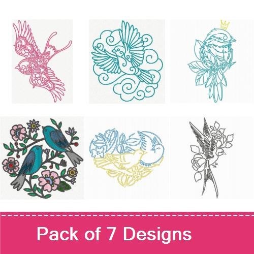 Elegant Bird Embroidery Bundle – Flying Bird, Bird with Crown, Two Birds with Flowers & More (7 Designs)