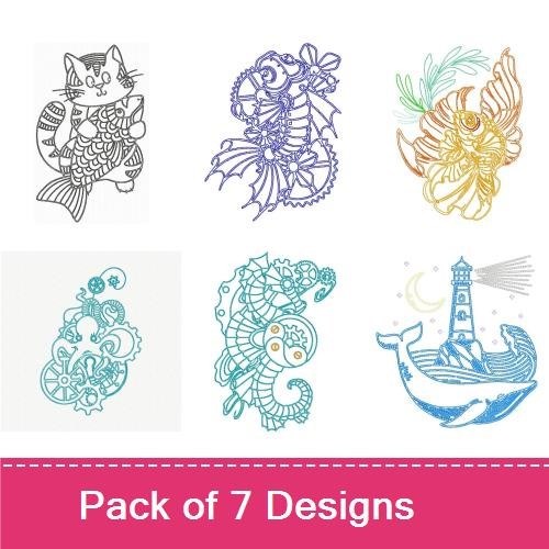 Redwork Sea Creatures Embroidery Designs Bundle – Cat with Fish, Lobster, Angelfish & More (7 Designs)
