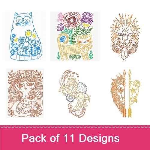 Cat & Lion Embroidery Bundle – Floral & Animal Designs (11 Designs)