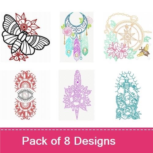 Bohemian Mystic Embroidery Designs Bundle – Dreamcatcher with Feathers, Floral Mandala, Butterfly Design & More (8 Designs)