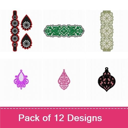 FSL Elegant Lace & Gem Embroidery Designs Bundle – Lace Band, Floral Pendant, Ornate Gem & More (12 Designs)