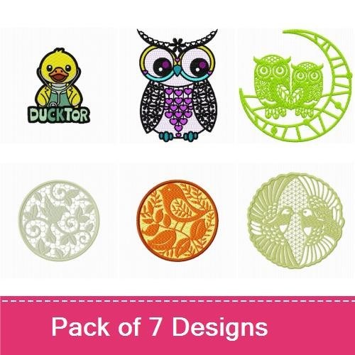 Bird Characters Embroidery Bundle – Owl with Colorful Patterns, Ducktor, Two Owls on a Moon & More (7 Designs)