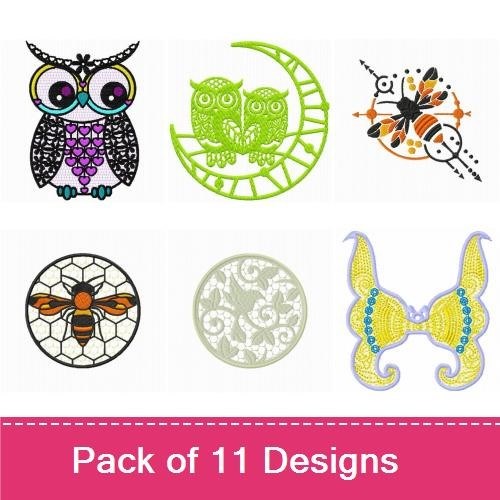 Nature Embroidery Designs Bundle – Owl with Flowers, Two Owls on Moon, Bee with Floral Elements & More (11 Designs)