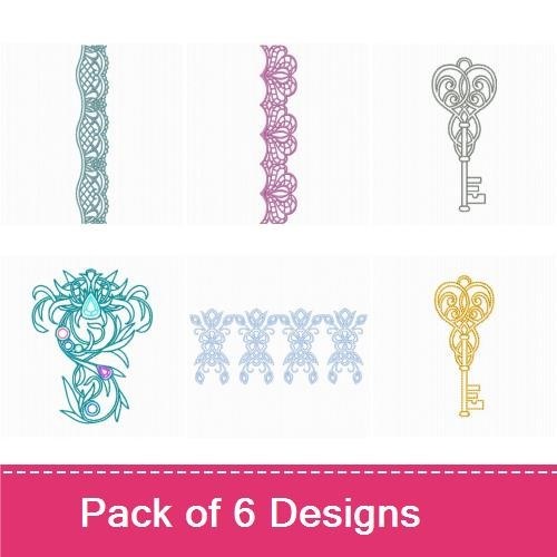 FSL Lace & Key Embroidery Designs Bundle – Lace Border, Floral Lace, Ornamental Lace & More (6 Designs)