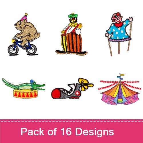 Circus Theme Embroidery Designs Bundle – Clown with Ice Cream, Elephant with Ball, Circus Tent & More (16 Designs)