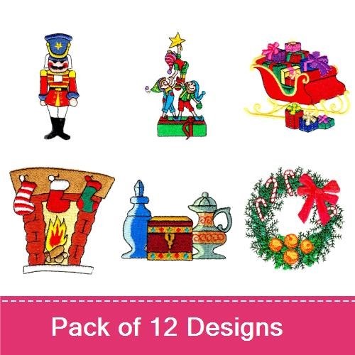 Classic Christmas Embroidery Designs Bundle – Fireplace with Stockings, Nutcracker, Santa Claus & More (12 Designs)