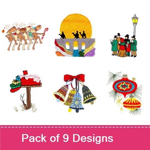Vintage Christmas Embroidery Designs Bundle – Reindeer with Candy Cane, Christmas Tree with Ornaments, Santa's Workshop & More (9 Designs)
