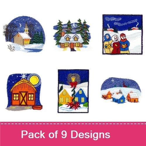 Cozy Winter Village Embroidery Bundle – Snowy Church, Countryside House, Snowman Couple & More (9 Designs)