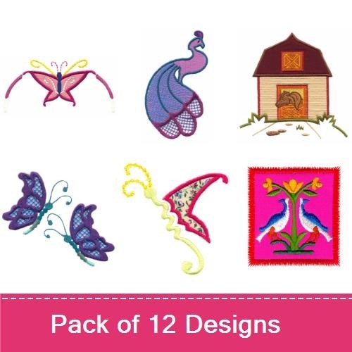 Applique Whimsical Nature & Animals Embroidery Bundle – Butterfly, Lion, Animal House & More (12 Designs)