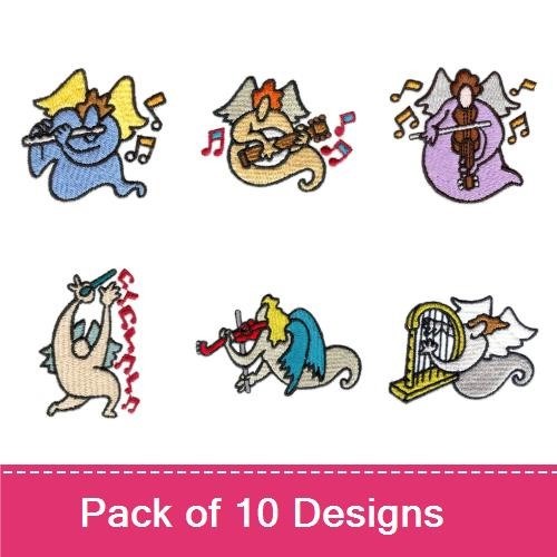 Musical Angels Embroidery Designs Bundle – Angel with Flute, Drum, Saxophone, & More (10 Designs)