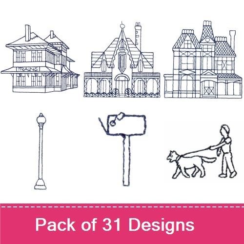 Redwork Charming Village Embroidery Designs Bundle – Church Building, Victorian House, Town Hall & More (31 Designs)
