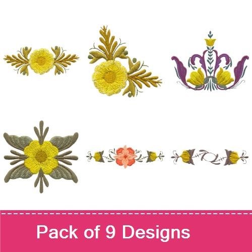 Floral Arrangement Embroidery Designs Bundle – Large Floral Arrangement, Floral Corner Accent, Ornamental Flower Border & More (9 Designs)