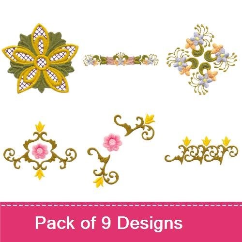 Elegant Floral Embroidery Designs Bundle – Circular Floral Motif, Star Flower, Ornate Floral Scroll & More (9 Designs)