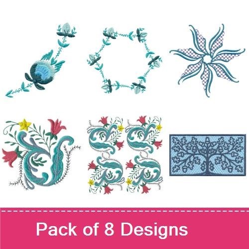 Floral Embellishments Embroidery Bundle – Wreath, Blue Rose, Stylized Flower & More (8 Designs)