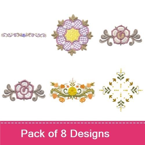 Floral Embellishment Embroidery Designs Bundle – Rose Motif, Floral Border, Hexagonal Floral & More (8 Designs)