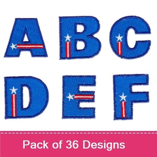 Patriotic Blue Alphabet Embroidery Bundle – Letter A, Letter B, Letter E & More (18 Designs)