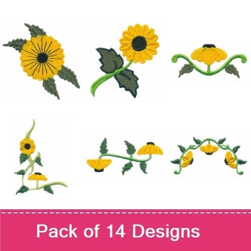 Sunny Yellow Flowers Embroidery Designs Bundle – Sunflower with Leaves, Floral Stem with Buds, Small Sunflower Cluster & More (14 Designs)