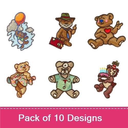 Cute Teddy Bears Embroidery Bundle – Teddy Bear with Balloon, Teddy Bear in Hat with Briefcase & More (10 Designs)