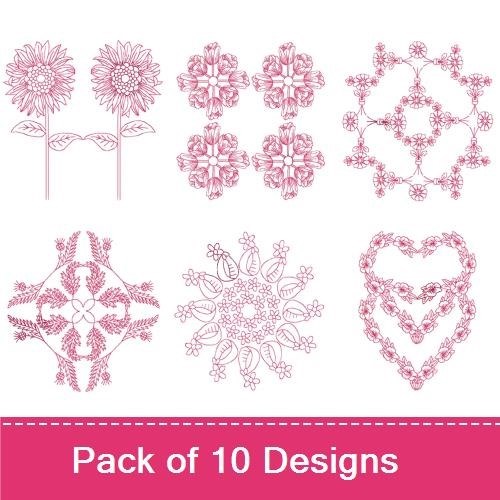 Redwork Floral Embroidery Bundle – Sunflower Pair, Heart Floral Motif, Lace Floral & More (10 Designs)