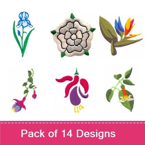 Colorful Floral Embroidery Bundle – Lotus Flower, Blue Iris, Bird of Paradise & More (14 Designs)
