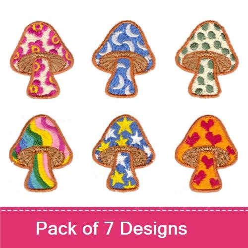 Colorful Patterned Mushrooms Embroidery Designs Bundle – Yellow, Pink, Blue & More (7 Designs)