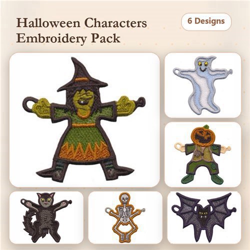 FSL Halloween Character Embroidery Bundle – Witch, Ghost, Pumpkin, Cat & More (6 Designs)