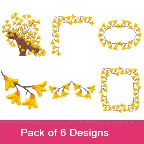 Ginkgo Leaf Embroidery Bundle – Ginkgo Tree, Ginkgo Leaf Corner, Ginkgo Leaf Border & More (6 Designs)
