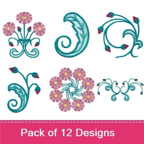Pink Floral Embroidery Bundle – Floral Spray, Single Pink Flower, Curly Stem & More (12 Designs)