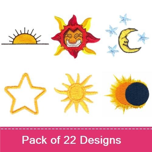 Celestial Wonders Embroidery Designs Bundle – Sun with Face, Blue Moon, Shooting Star & More (22 Designs)