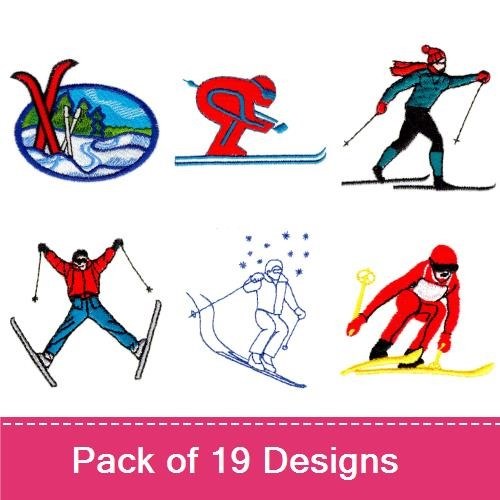 Vintage Skiing Scenes Embroidery Designs Bundle – Skier with Poles, Racing Skier, Snowboarder & More (19 Designs)