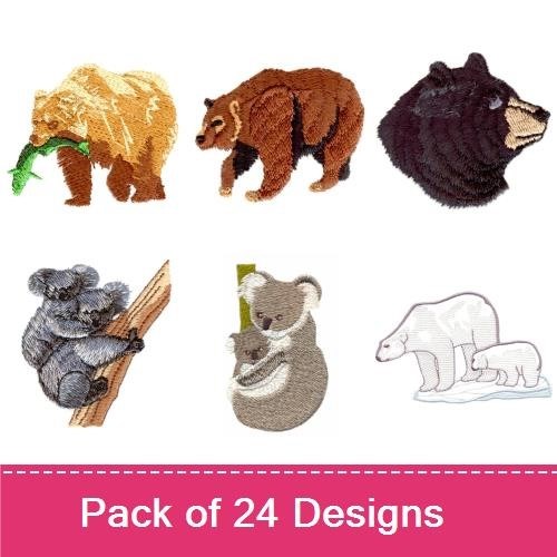 Bear Family Embroidery Designs Bundle – Brown Bear with Fish, Grizzly Bear, Polar Bear & More (24 Designs)