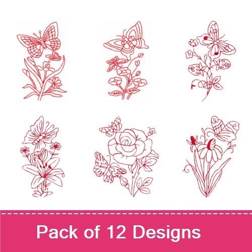Redwork Butterflies & Blossoms