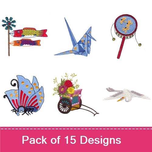 Asian Nature Embroidery Bundle – Crane with Flowers, Peacock Feather, Koi Fish & More (15 Designs)