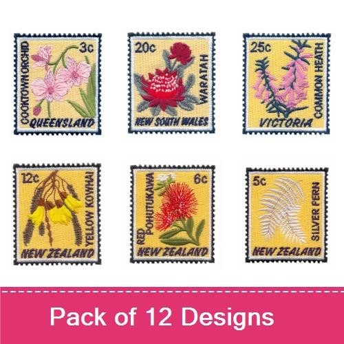Australian & New Zealand Floral Embroidery Designs Bundle – Golden Wattle, Tasmania Stamp, New Zealand Stamp 1 & More (12 Designs)