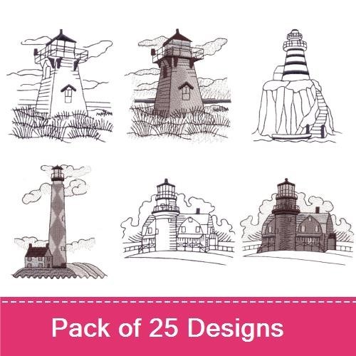Redwork Lighthouse Embroidery Designs Bundle – Striped Lighthouse with Flag, Coastal Lighthouse with Trees, Traditional Lighthouse & More (25 Designs)