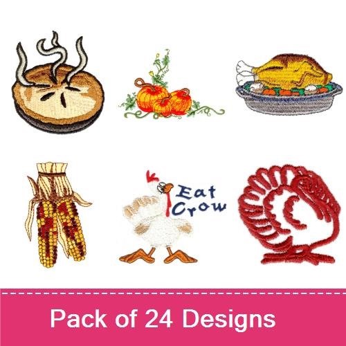 Thanksgiving Harvest Embroidery Designs Bundle – Scarecrow, Turkey, Squirrel, Pumpkin Pie & More (24 Designs)
