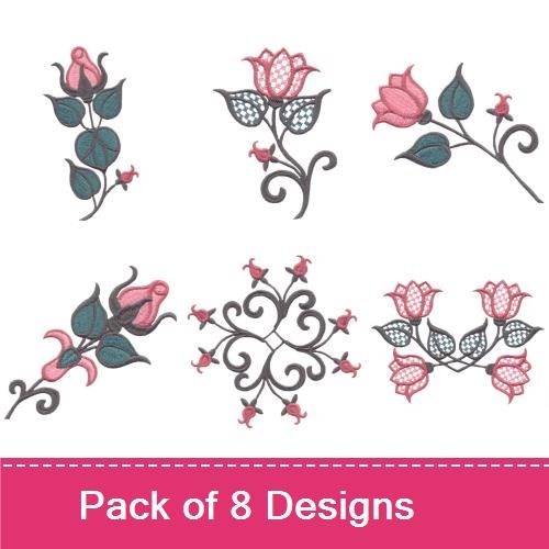 Floral Embellishments Embroidery Bundle – Delicate Pink Tulip, Floral Vine, Ornament & More (8 Designs)