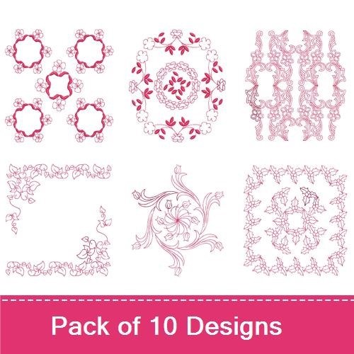 Redwork Floral Embroidery Bundle – Floral Mandala, Floral Frame, Lace Flower & More (10 Designs)