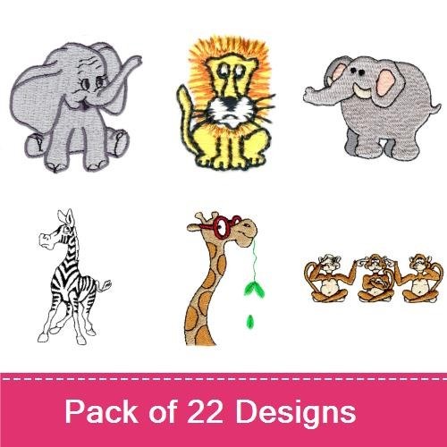 Cute Jungle Animals Embroidery Bundle – Elephant, Lion, Gorilla, Seal with Ball & More (22 Designs)