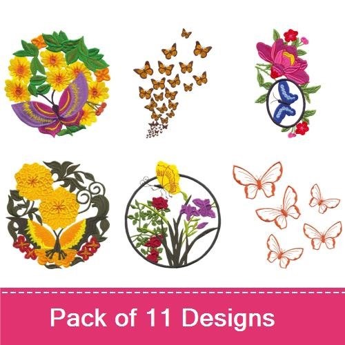 Butterflies & Flowers Embroidery Designs Bundle – Butterfly Wreath, Yellow Flower Bouquet, Colorful Butterflies & More (11 Designs)