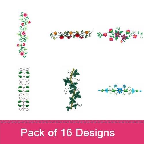 Floral and Vine Embroidery Bundle – Floral Vine with Red Flowers, Single Purple Flower, Vine Border Embellishment & More (16 Designs)
