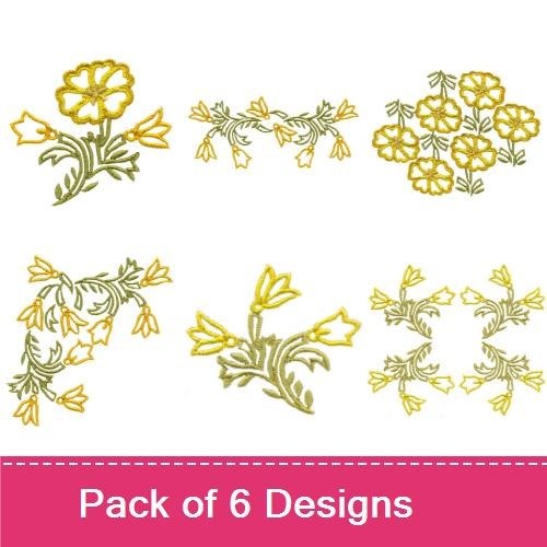Yellow Floral Embroidery Bundle – Yellow Flower Bouquet, Single Yellow Flower, Floral Vine & More (6 Designs)