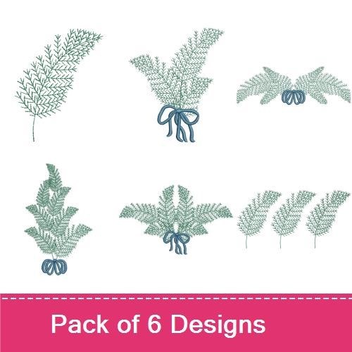 Elegant Ferns Embroidery Bundle – Fern Bouquet with Ribbon, Single Fern with Bow & More (6 Designs)