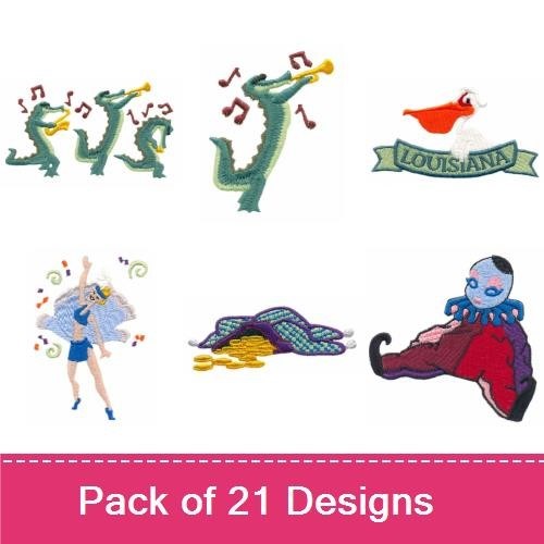 Mardi Gras Celebration Embroidery Designs Bundle – Mardi Gras Dancer, Decorative Mask with Feathers, Jester Hat & More (21 Designs)