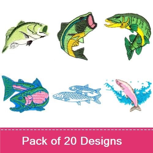 Freshwater Fish Embroidery Designs Bundle – Largemouth Bass, Rainbow Trout, Pike & More (20 Designs)